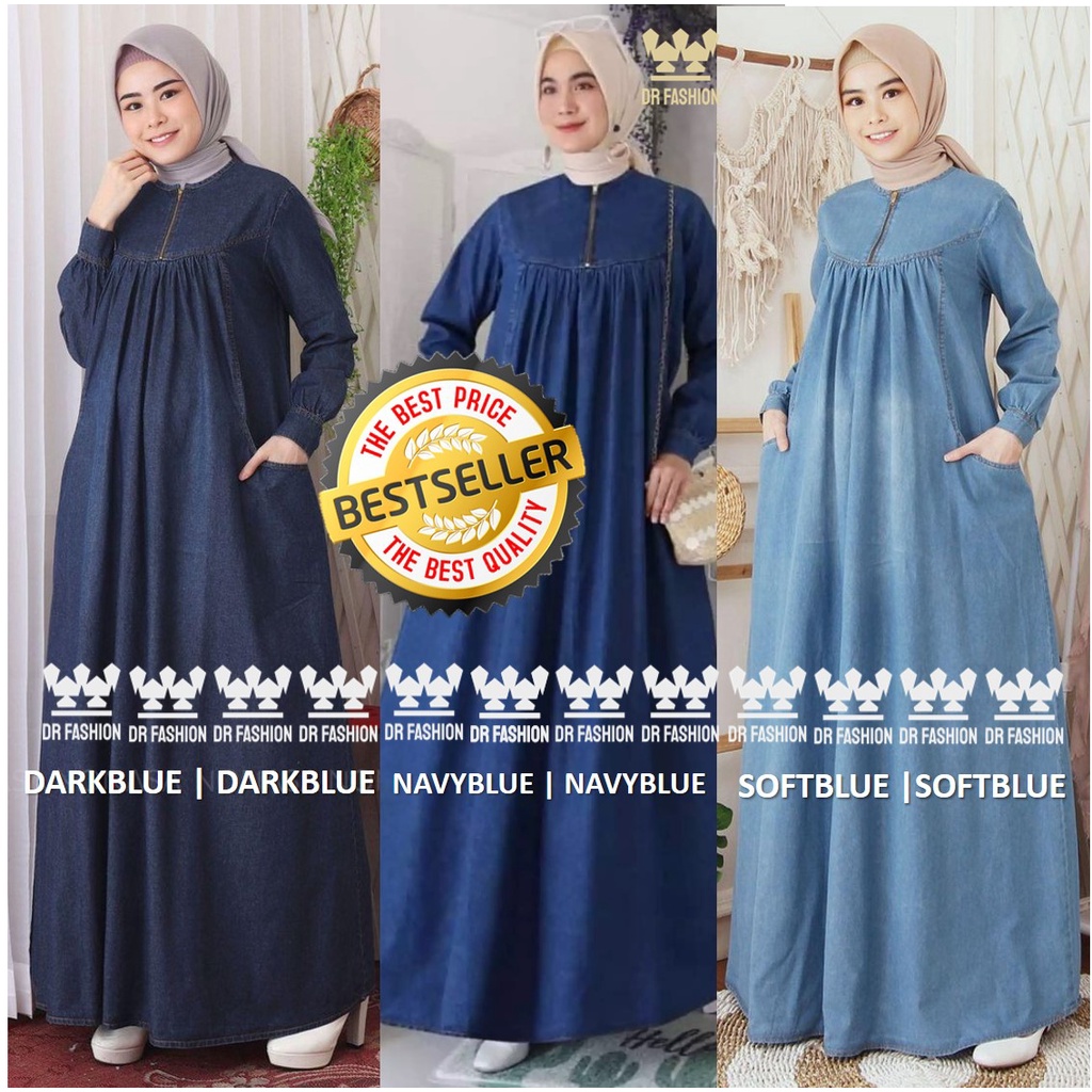 [NEW CANTIK010] Gamis Jeans Ambia Dress/Gamis Jeans Terbaru M-L-XL-XXL-XXXL ld90-122 original Super-5