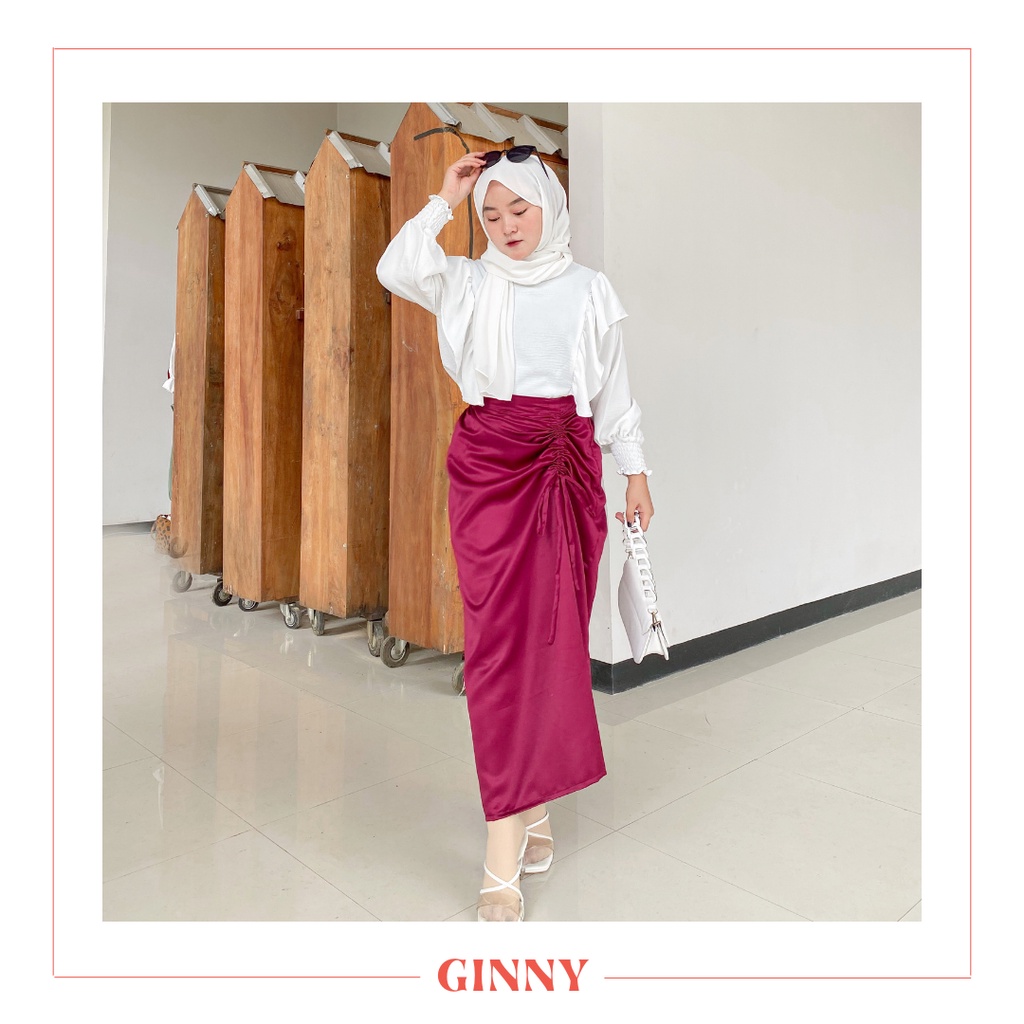 Sri Skirt | Women's Modern Plain Drawstring Kebaya Skirt | Bawahan Rok Kebaya Kain Satin Serut Polos Wanita | GINNY-1