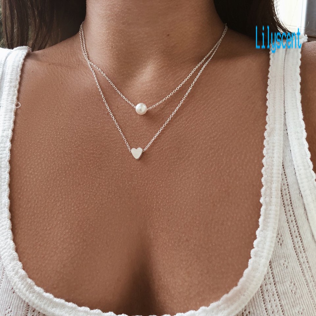 Kalung Mutiara Imitasi Dua Lapis Bentuk Hati Adjustable Untuk Wanita