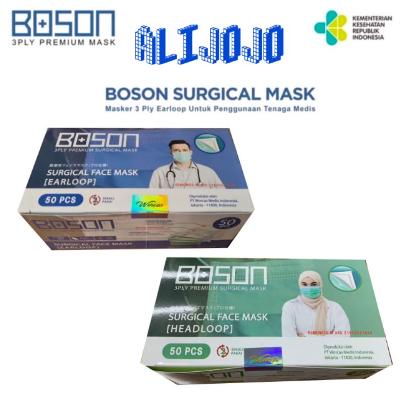 BOSON Surgical Mask Earloop 3 Ply Masker Medis Isi 50 Pcs - Disposable