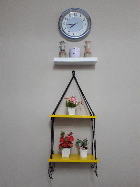 Rak Dinding Gantung Pot Tanaman 2 Susun Kuning Tali Hitam Minimalis