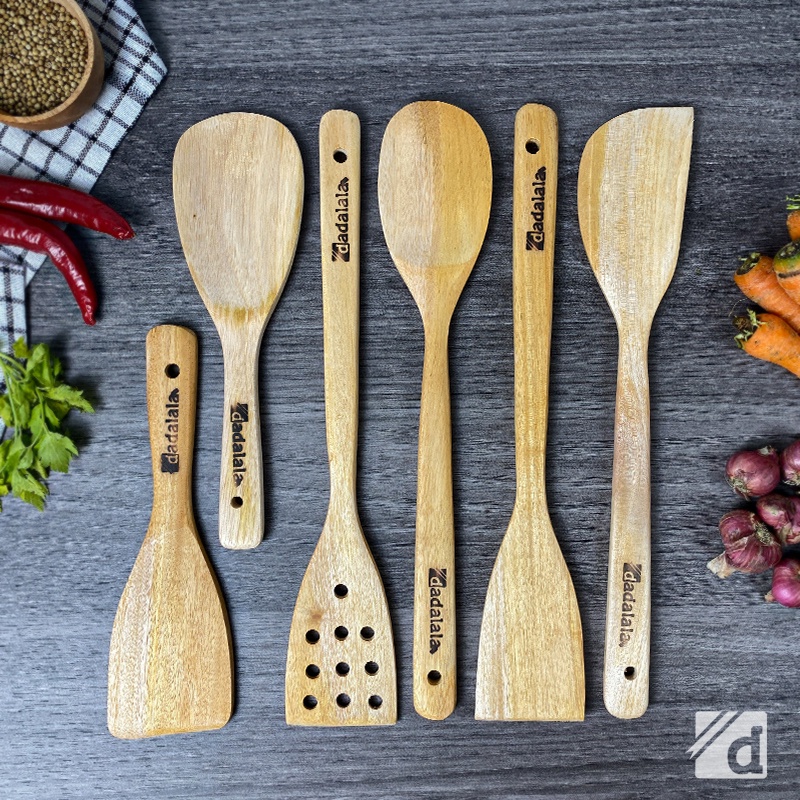 DADALALA Sodet / Spatula Kayu Set (6 in 1) Panjang 35 Cm Anti Lengket dan Tahan Panas - 2 Varian