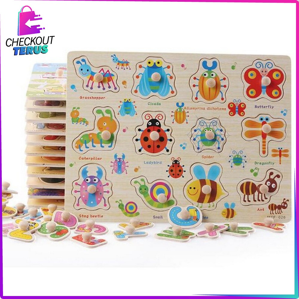 CT M67 M68 Mainan Edukasi Anak Puzzle Kayu Knob Motif Bergambar Mainan Balok Kayu Susun Background Lucu Wooden Toys