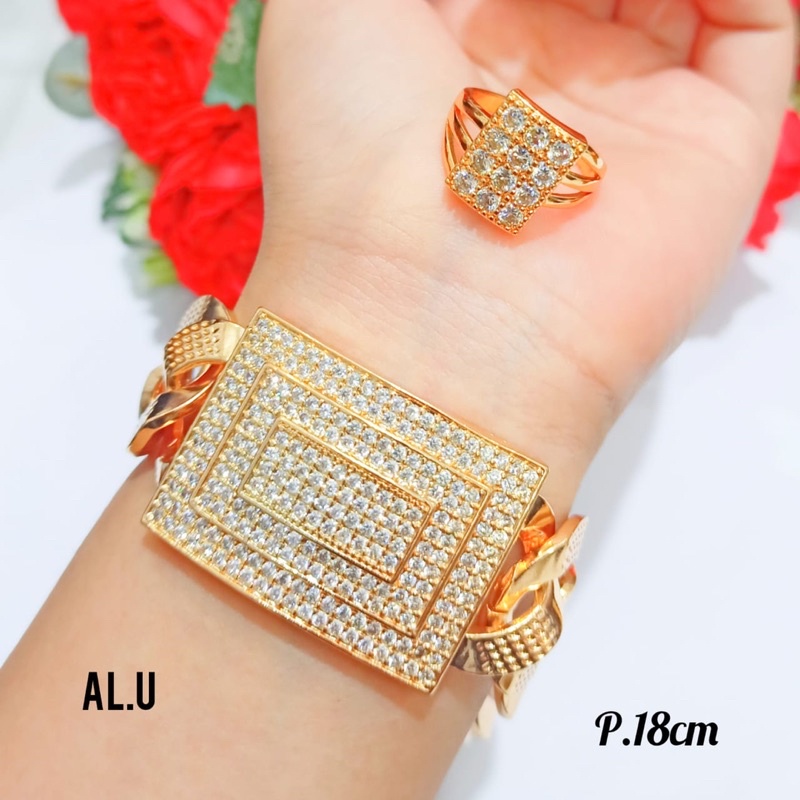 Gelang TITANIUM full permata Free cincin gold menawan tidak berkarat(COD)