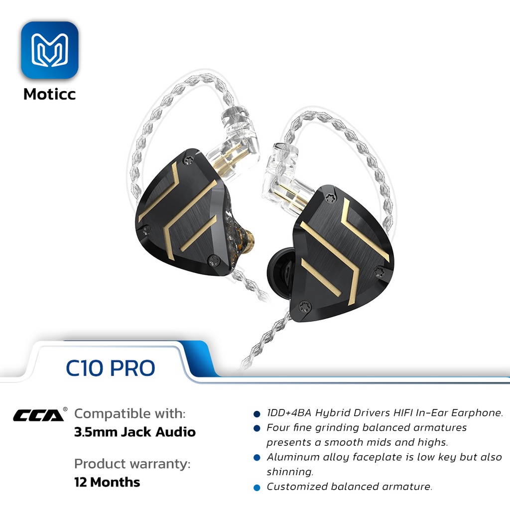 CCA C10 Pro 4BA+1DD Hybrid In Ear Earphone with Silver Plated Cable