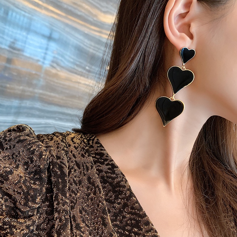 Sterling silver jarum Korea ins fashion retro hitam CINTA jantung anting-anting berlebihan temperame