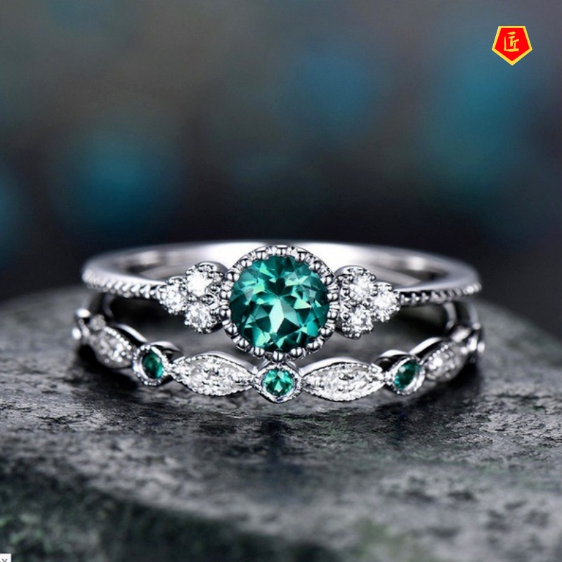 [Ready Stock]Inlaid Emerald Zircon Ring Female European and American Fashion