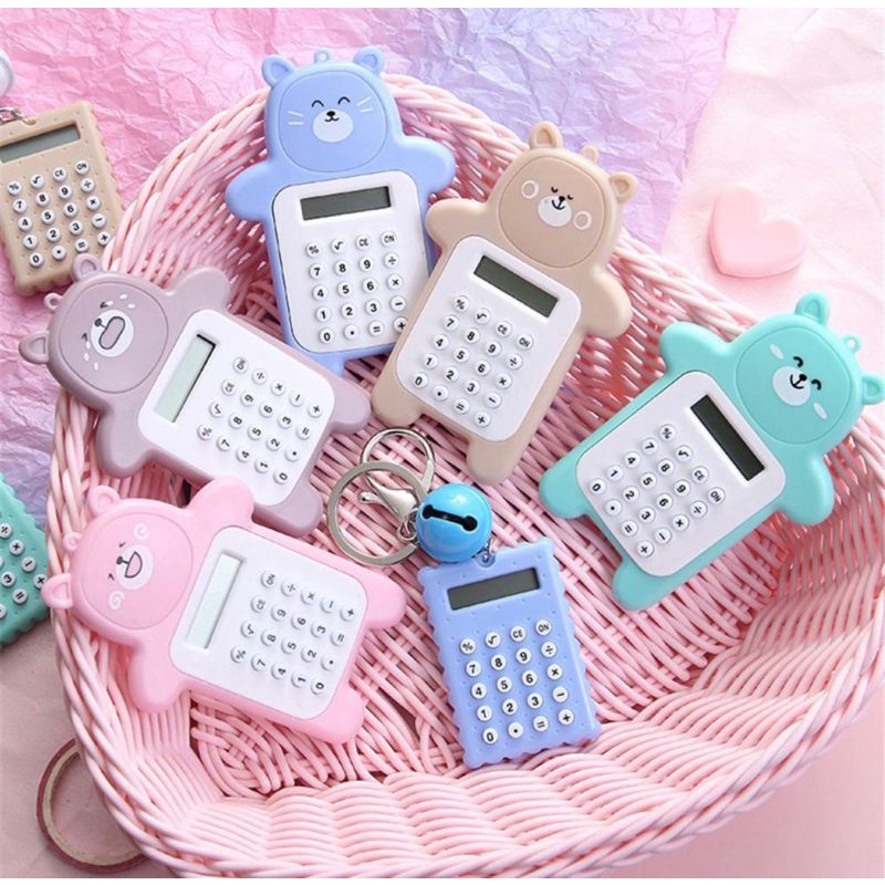 Kalkulator 8 Digit Mini Portable/Motif Beruang Tombol Karet/Sekolah/Stationary Import