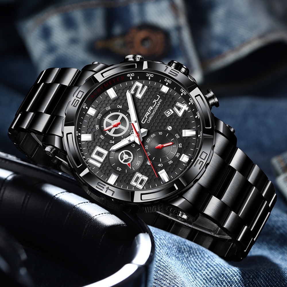 CRRJU Fashion Olahraga Kasual Chronograph Jam Tangan Pria Tahan Air Top Brand Luxury Stainless steel Bercahaya Quartz Watch