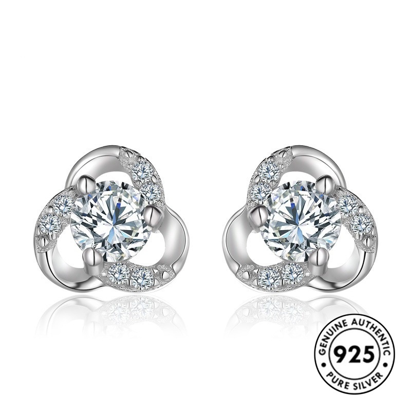 Anting Tusuk Sterling Silver 925 Desain Bunga Hias Berlian Imitasi Untuk Wanita