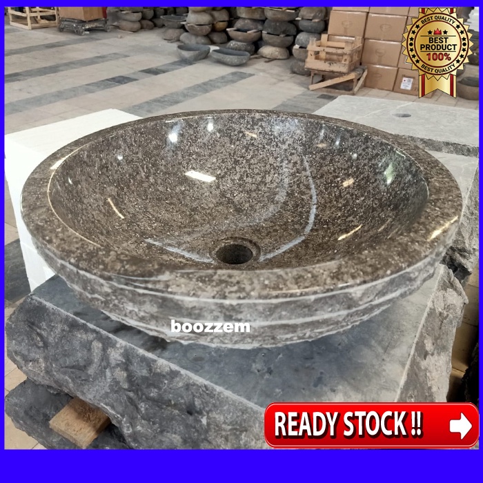 Jual wastafel batu marmer 40cm pahat natural round grey marble bowl