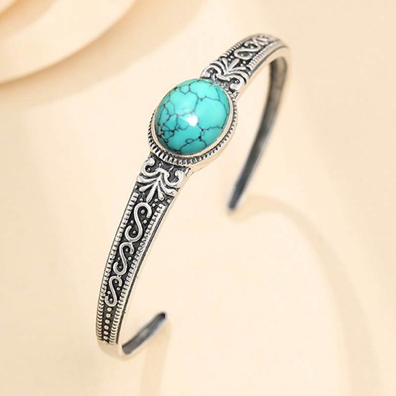 925 gelang perak murni untuk wanita pola turquoise gelang retro perhiasan fashion