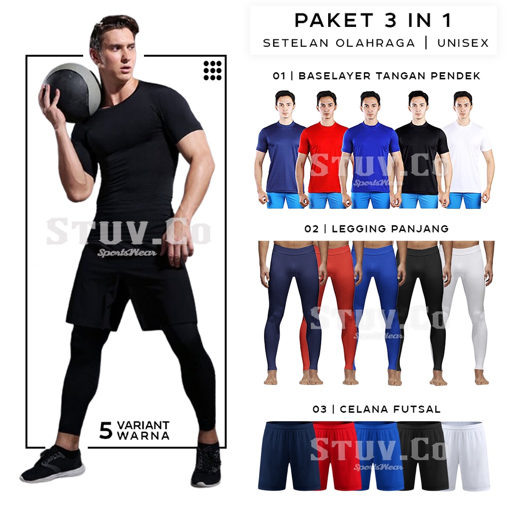 3IN1 STELAN OLAHRAGA MANSET BASELAYER TANGAN PENDEK LEGGING PANJANG DAN CELANA FUTSAL UNISEX