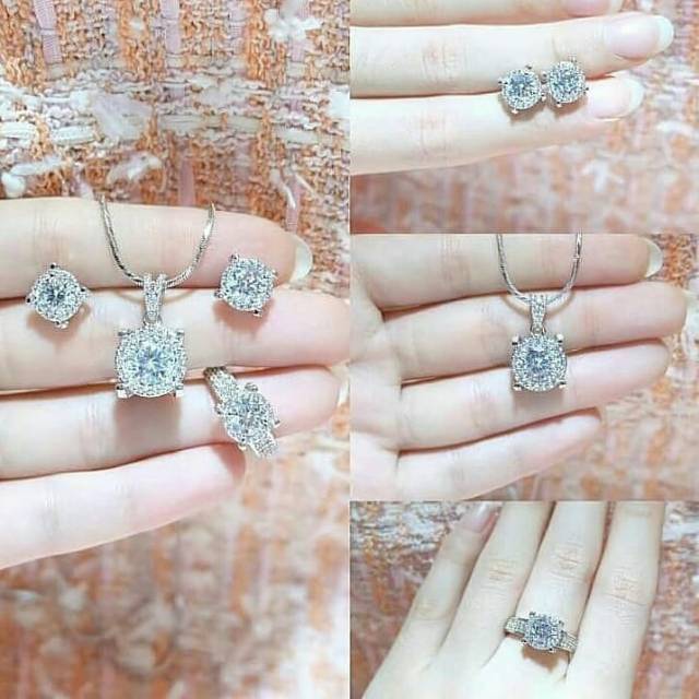 SET PERHIASAN KALUNG+ANTING+CINCIN LAPIS EMAS TABUR ZIRKON TERLARIS PERSIS ASLI