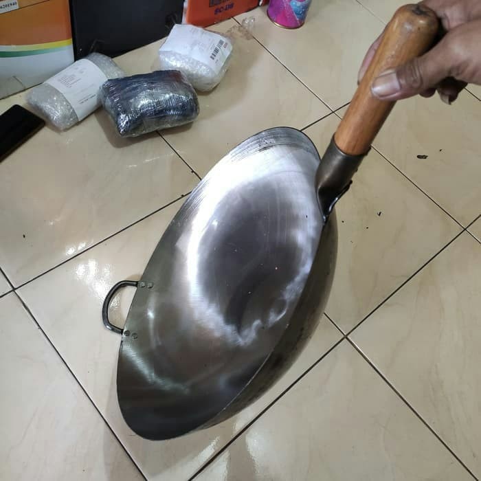 Wok / Kuali / Wajan Plat Baja Putih 40 Cm Gagang / Kuali Nasi Goreng Termurah 