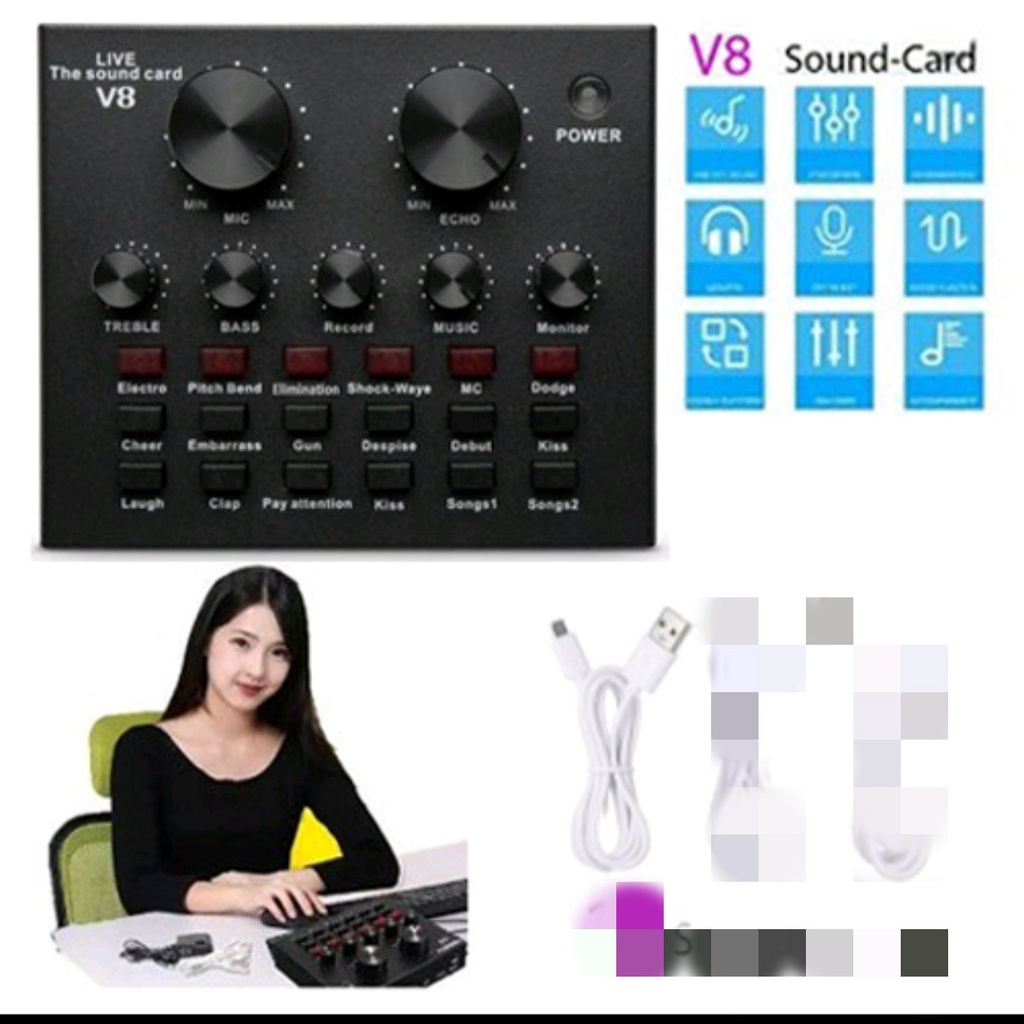 ORIGINAL BIG BASS SOUND CARD V8 MIXER EXTERNAL AUDIO MICROPHONE POWER EQUALIZER