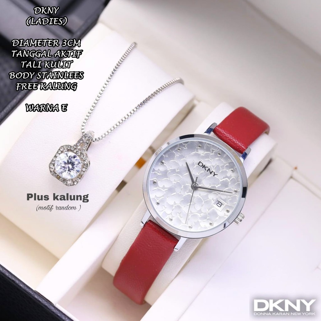 JAM TANGAN WANITA DKNY TALI KULIT BODY BULAT TANGGAL AKTIF FREE KALUNG