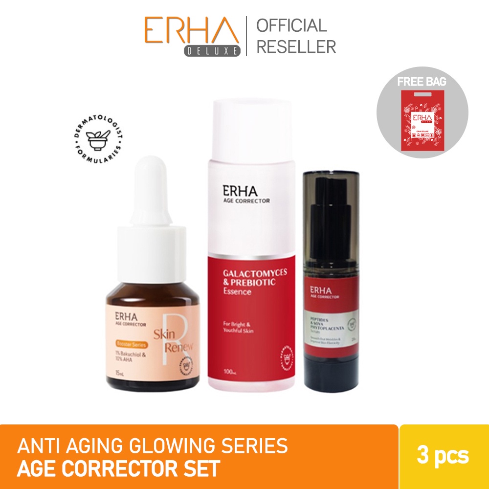 ERHA Paket Glowing Wajah - Anti Aging Age Corrector Serum + Essence + Booster