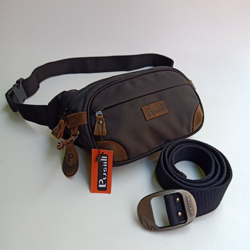 waistbag/pusiill 1570 Hitam/courdura+kulit asli/waistbag kulit asli/free gesper/sabuk