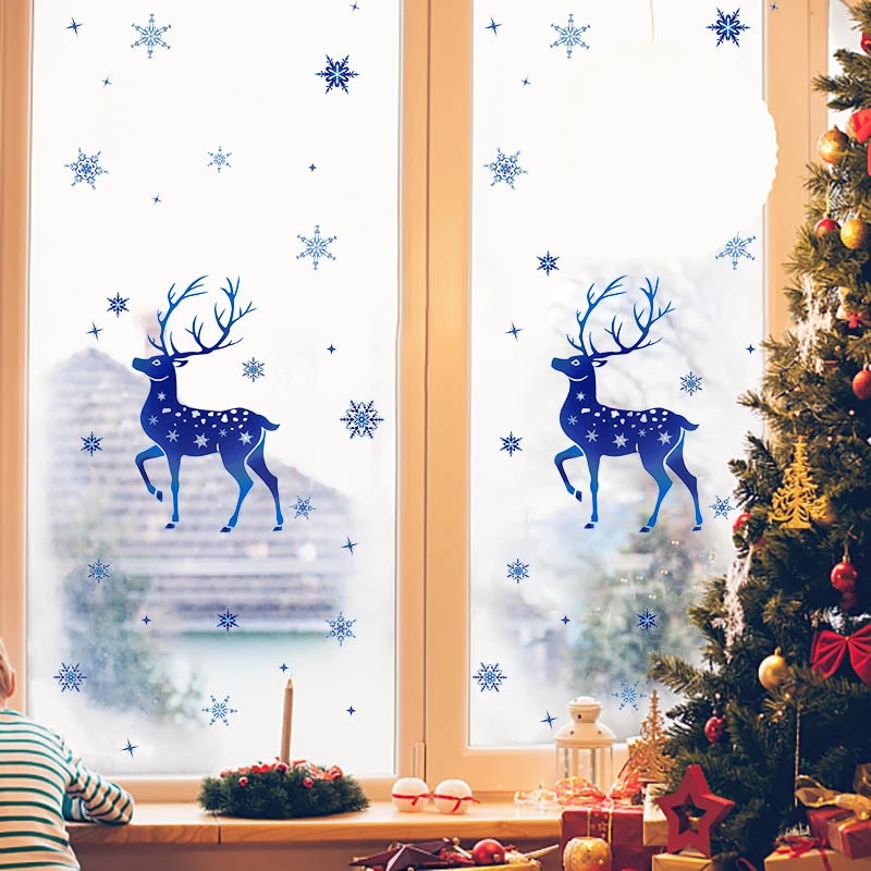 [Removable Christmas Snowflake Window Stickers] [Blue Snowflake Elk PVC Wall Glass Stickers For Home New Year Xmas Party Decor Noel]