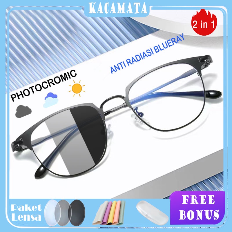 Kacamata Korea kotak PHOTOCROMIC ANTI RADIASI BLUERAY 2in1 Bisa Req Minus fashion pria Unisex 9006