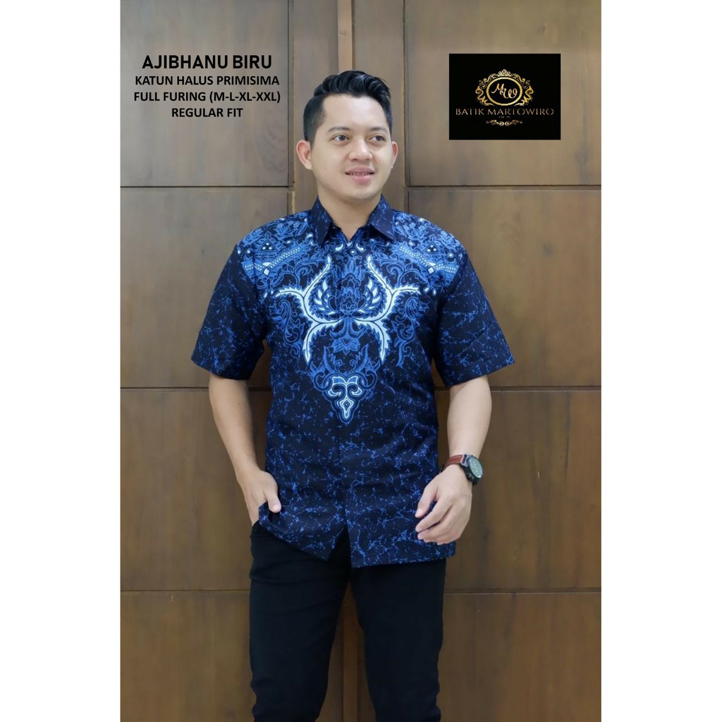 AJIBHANU BIRU Kemeja Batik Pria Full Furing Bahan Katun Primisima