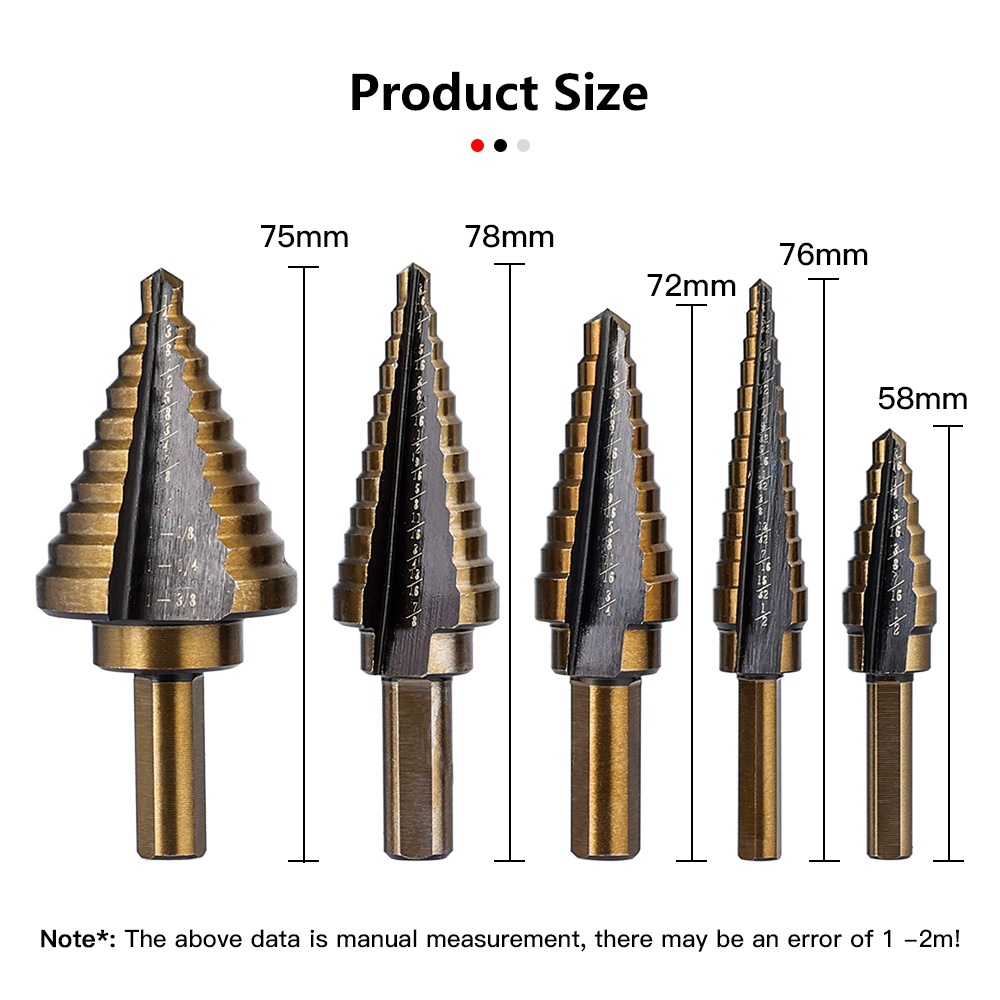 Mata Bor - 5 PCS - untuk melubangi besi, kuningan, kayu, plastik dan lainnya - memiliki marking-marking ukuran sehingga Anda dapat mengetahui ukuran lubang yang diciptakan bor Anda - Material: HSS Titanium - Desain Pagoda Spiral