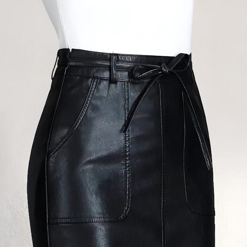 Rok Wanita PU Leather Bodycon High Waist Rok Streetwear Pensil Hitam Knee-lenght - Tailor Labs