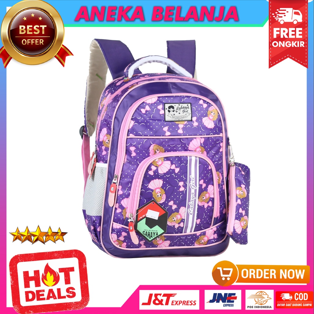 Tas Sekolah Anak SD Model Cahaya Princess STrip Ungu Free Tempat Pensil Free Raincover Berkualitas