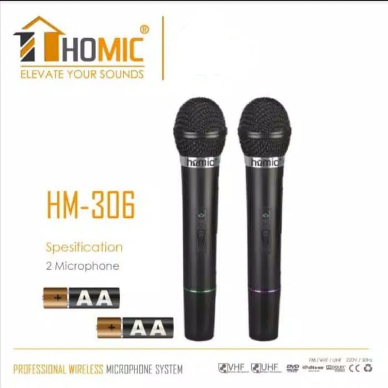 [Paket karaoke] Mic Microphone Double Wireless HOMIC HM 306 + Sond card v8+ siap pakai