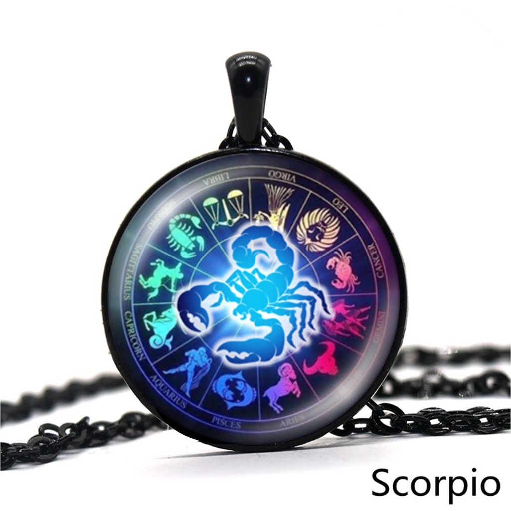 MODEL BARU - KALUNG ZODIAK 12 ZODIAC WHEEL DIAGRAM HOROSCOPE LIONTIN KACA RANTAI HITAM SILVER