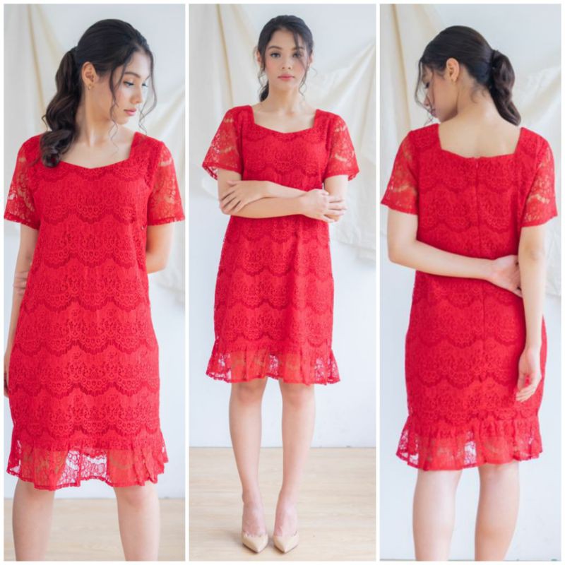 ⚡️ CLEARANCE SALE ♡ PREMIUM ♡ REAL PIC! RED ADAIRE BROCADE BOTTOM RUFFLE LACEY LOOSE DRESS