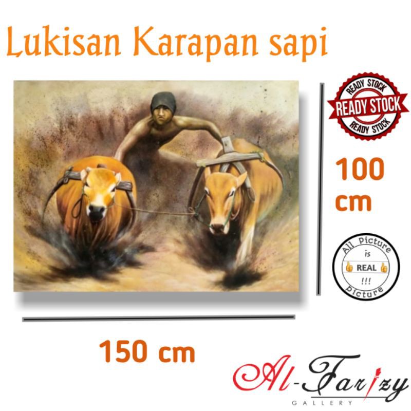 Lukisan Karapan Sapi Unik Minimalis Kanvas Ukuran 150x100 cm Lengkap dengan kayu penyangga