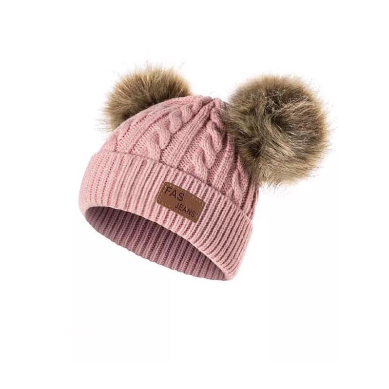 topi rajut pom pom - kupluk bayi premium- accecoris anak bayi-PINK