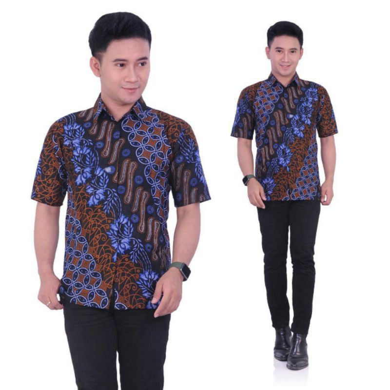 BSWART Batik HRB026 Kenongo Hem Pendek Padi Pekalongan M L XL Batik Pria MURAH Modern Grosir