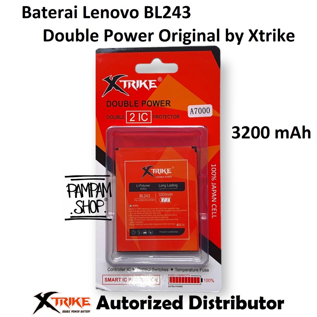 Baterai Xtrike Double Power Lenovo BL243 A7000 A7700 Plus K50 T5 K3 A7700+ A7000+ Note Batre Batrai