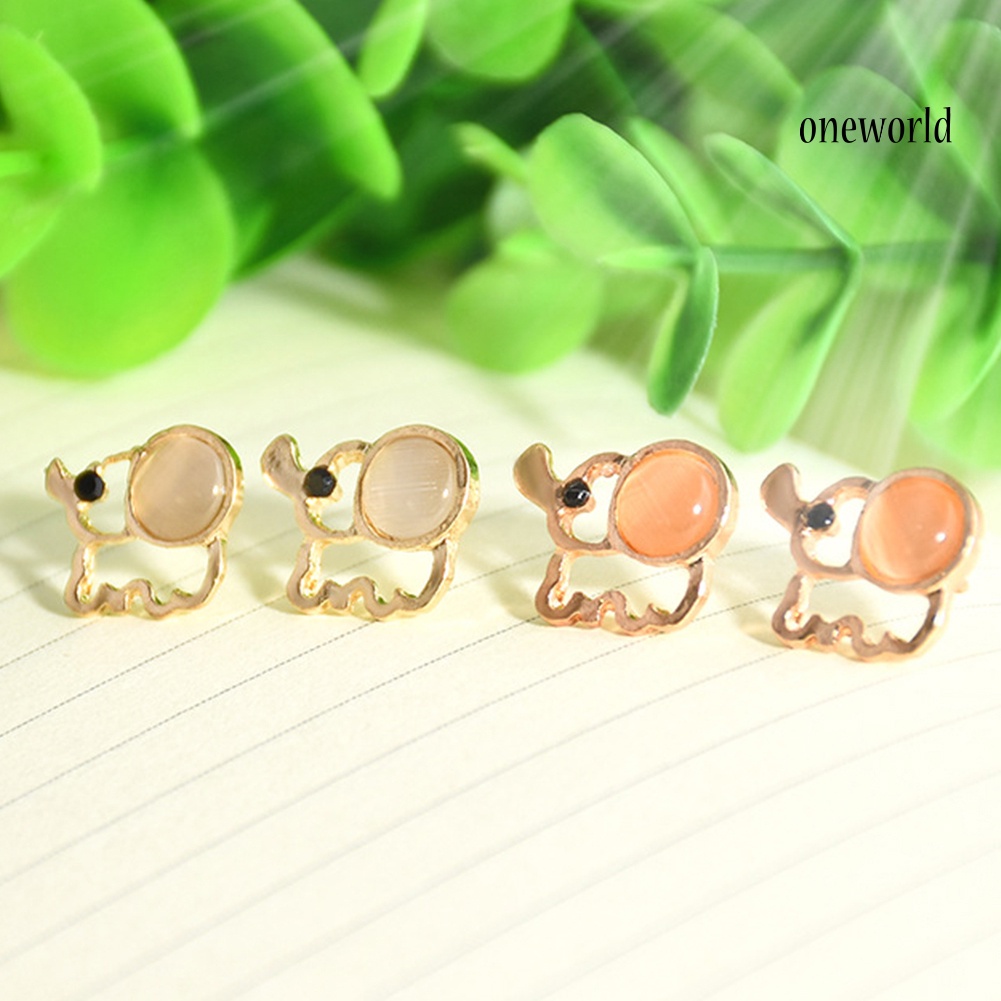 OW# Cute Women Faux Opal Inlaid Hollow Elephant Shape Ear Stud Earrings Jewelry Gift