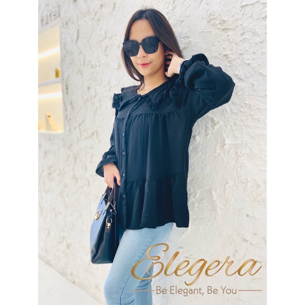 Kemeja Blouse Crinkle Oversize Wanita Airflow Premium Hitam Polos lengan Panjang Karet