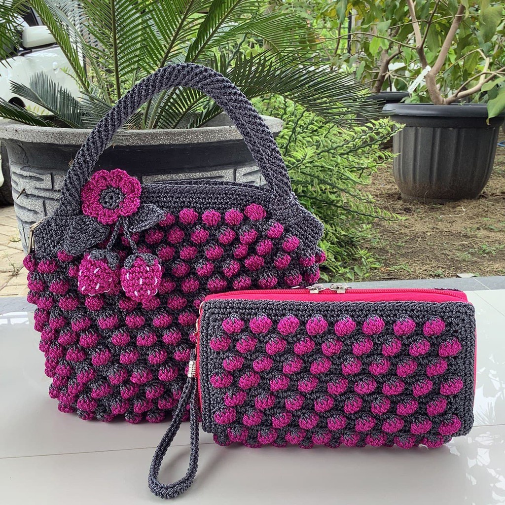 ORIGINAL HANDMADE Handbag dan Dompet Rajut Nilon Prolene Motif Strawberry