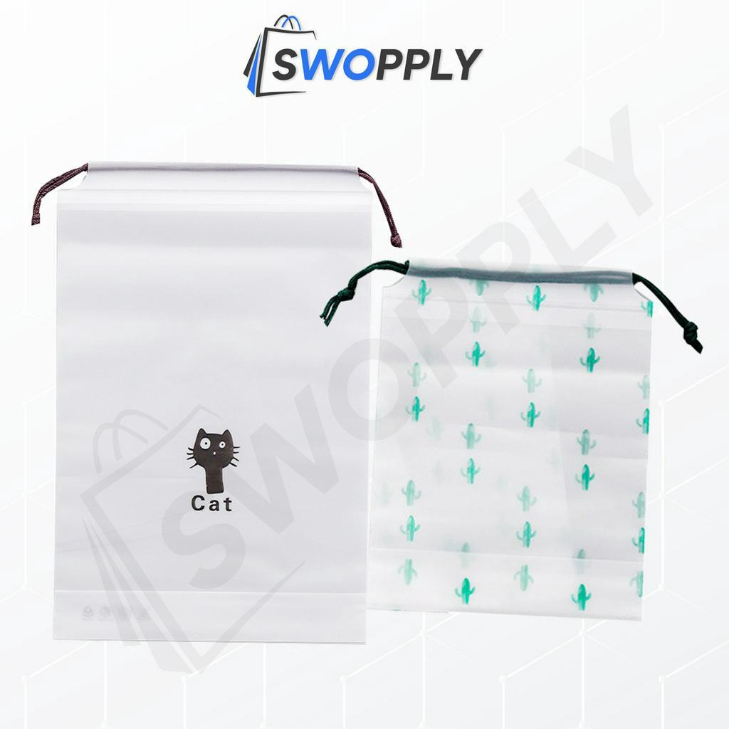 Swopply HL0072 Pouch Transparan Motif Karakter Tas Serut Travel Storage Bag Make Up Organizer Anti Air