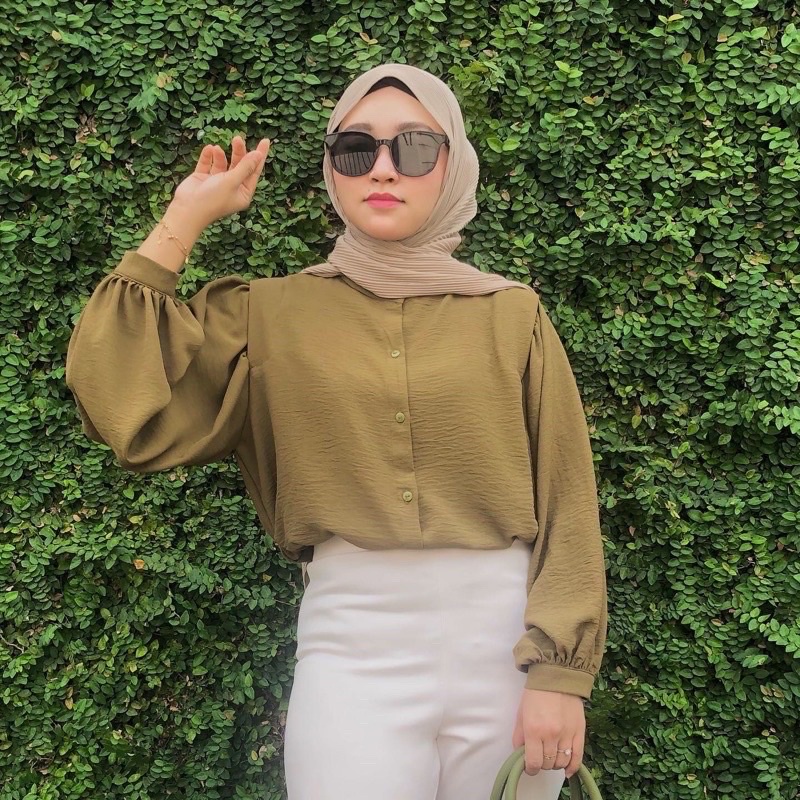 Aisa Blouse Crinkle Premium Kemeja Formal Kerja / Crinkle Blouse Shanghai-AISA OLIVE