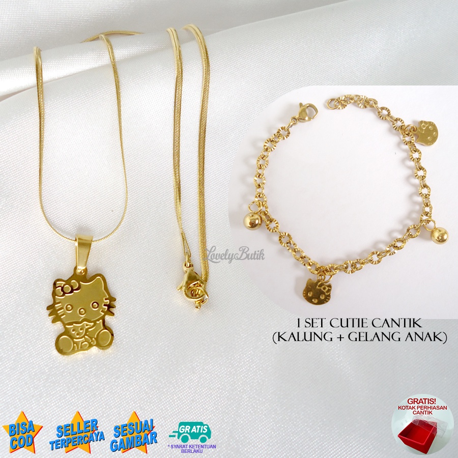 Lovelybutik Set Kalung Anak Titanium Anti Karat Free Gelang Tangan Anak Cewek Bahan Titanium Model Cutie Doll Terbaru Bonus Kotak Perhaisan