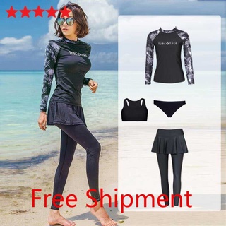 【Ready】4pcs / Set Baju Renang Rashguard Wanita Lengan Panjang + Rok Untuk Surfing Pantai Berpasir