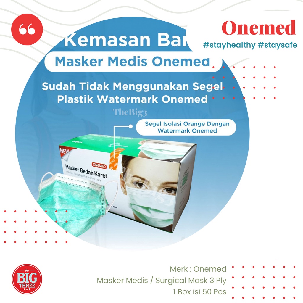 Masker Medis Karet Hijau 3 ply OneMed box 50pcs / Surgical Mask BFE PFE VFE 99 % One Med Acura - TBT