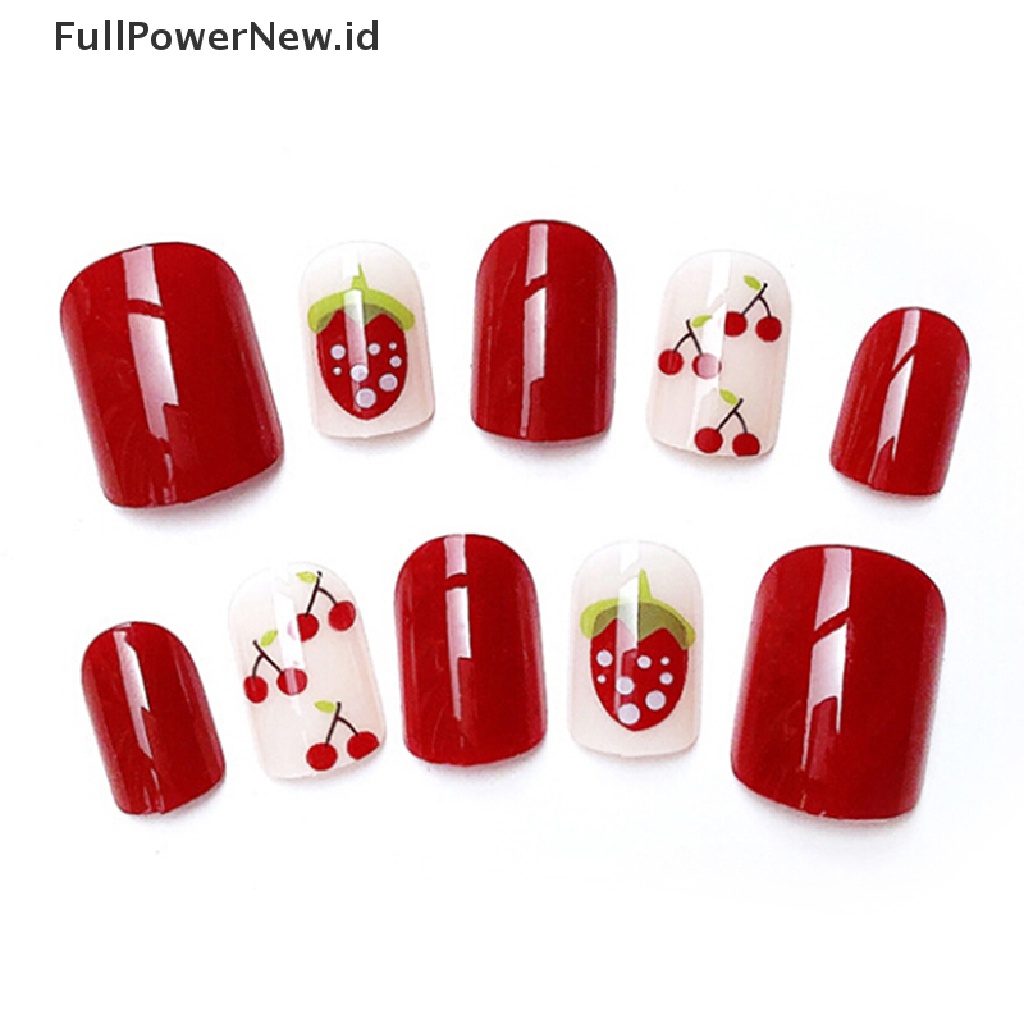 24 Pcs Kuku Palsu Full Cover Motif Strawberry Cherry Untuk Dekorasi Manicure