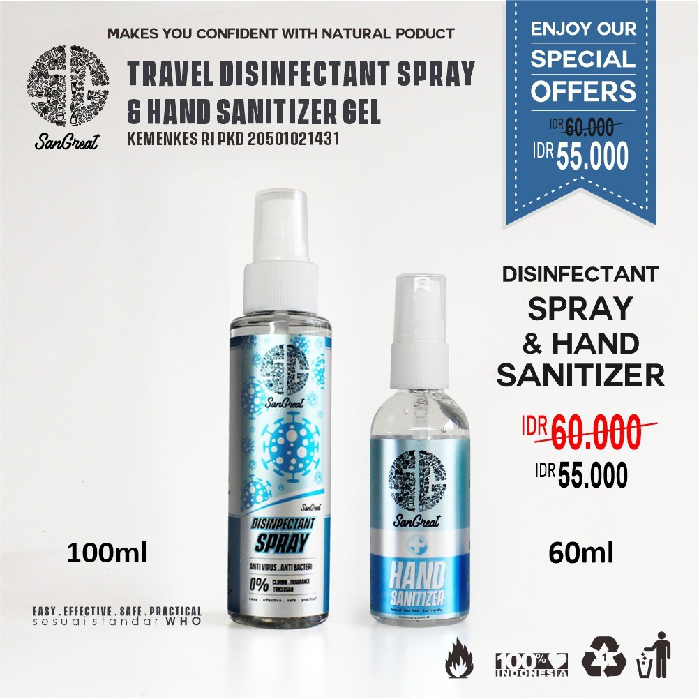 Paket bundling anti virus corona disinfectant spray 100 ml dan hand sanitizer 60 ml travel size