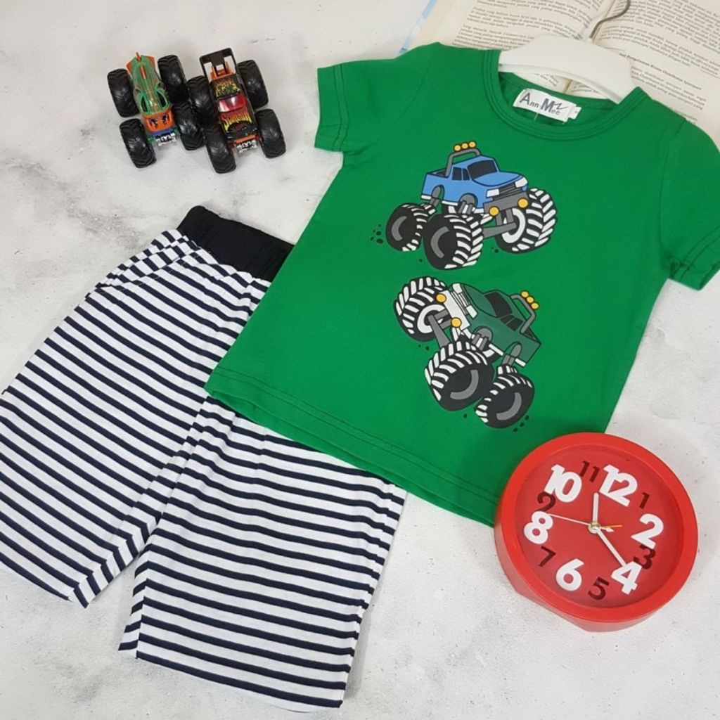 Baju Setelan Monster Truck Kaos Hijau Botol Celana Hitam Putih Anak Laki-laki