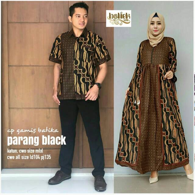 Couple Gamis Batika Parang Black Sarimbit Gamis Batik Kombinasi Long Dress Klok Seragam Pesta Muslim