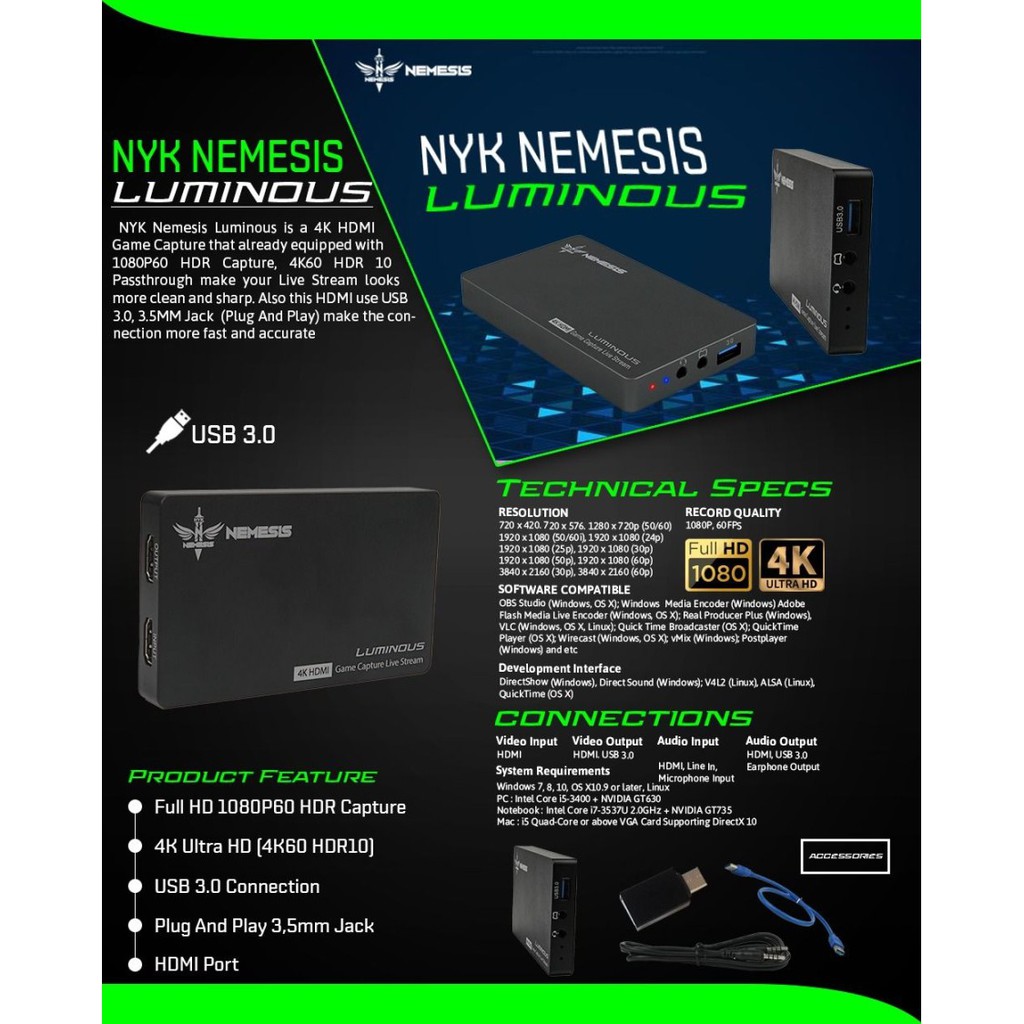 NYK Nemesis Gaming HDMI Capture 4K 1080p Luminous / NYK Luminous Game Capture