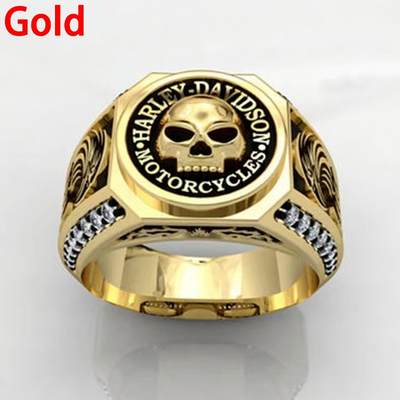 Cincin Pria Model Double Blade Desain Jangkar Tengkorak Bajak Laut Bahan Stainless Steel 316L 14K Gold